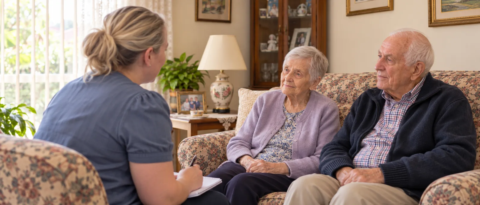 Ali talking with an older couple in their living room about their home care funding